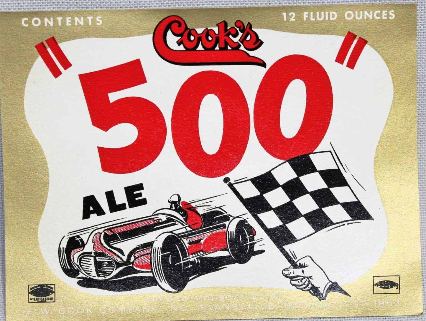 Beer Label, Cook's 500 Ale, Original Circa 1950's NOS