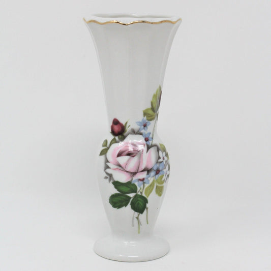 Bud Vase, Pink Rose & Florals, Fluted Border, Vintage Porcelain