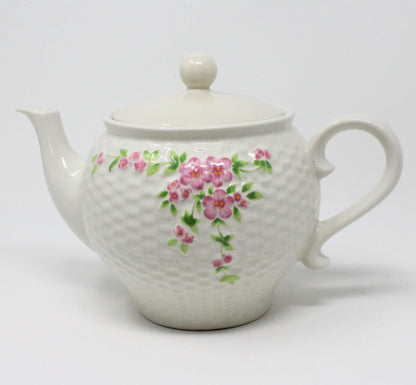Teapot, Teleflora, Basketweave & Pink Flowers, Japan, Vintage