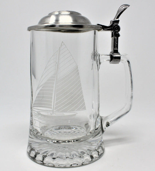Beer Stein, Old Spice, Columbia, Glass with Pewter Lid, Germany, Vintage, SOLD