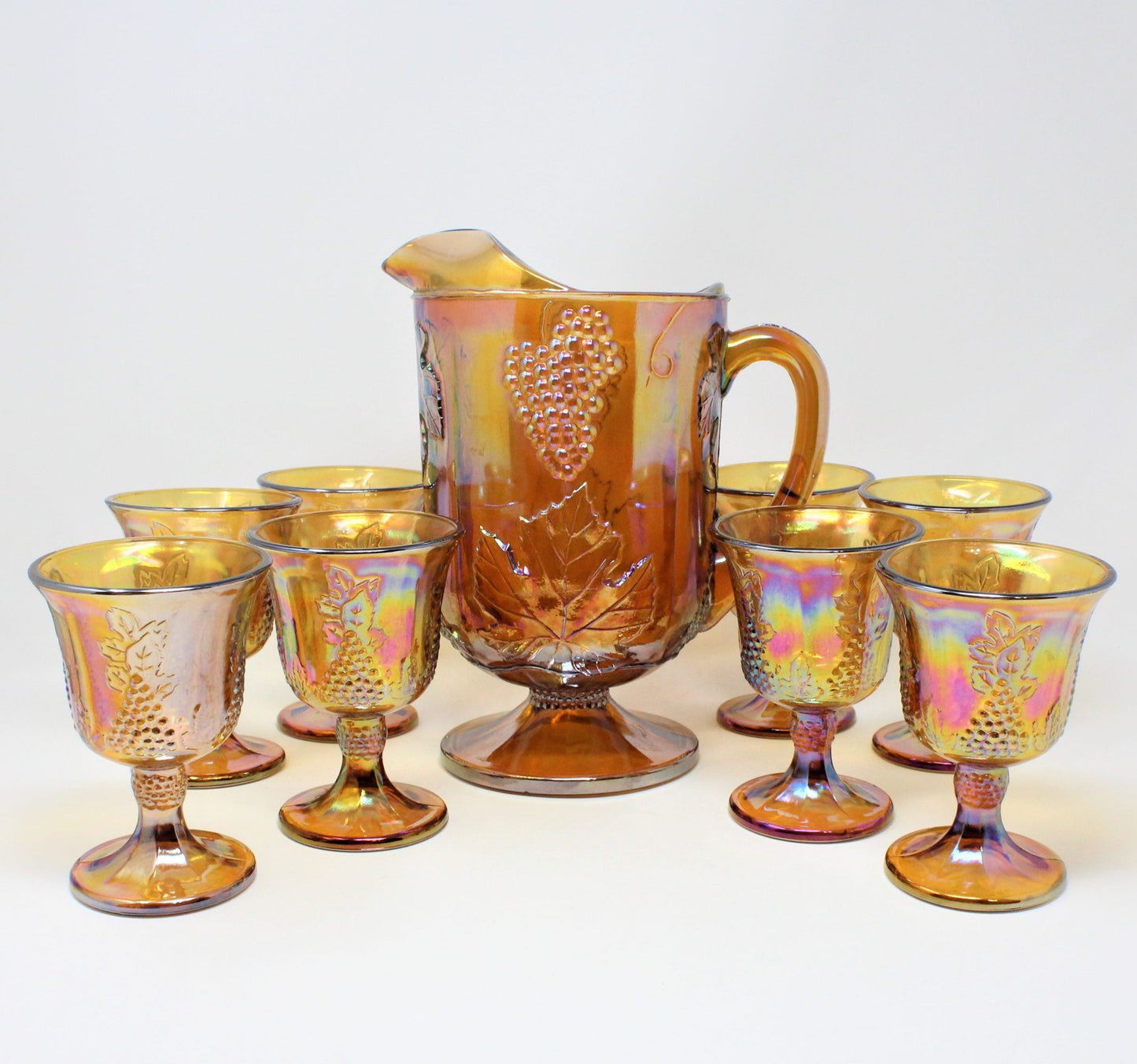 Pitcher & Glasses, Indiana Glass, Harvest Carnival Amber, Set of 9, Vintage