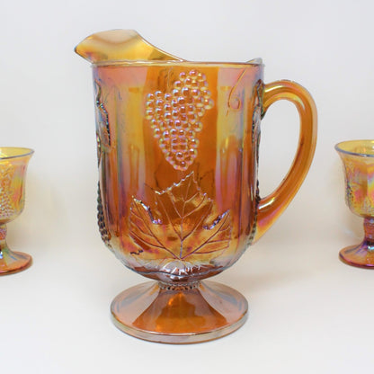 Pitcher & Glasses, Indiana Glass, Harvest Carnival Amber, Set of 9, Vintage