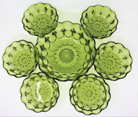Salad Bowl Set: Anchor Hocking Fairfield, Avocado Green Glass, 7 Pcs, USA, Vintage 1972, SOLD