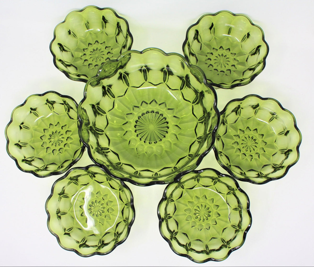 Salad Bowl Set: Anchor Hocking Fairfield, Avocado Green Glass, 7 Pcs, USA, Vintage 1972, SOLD