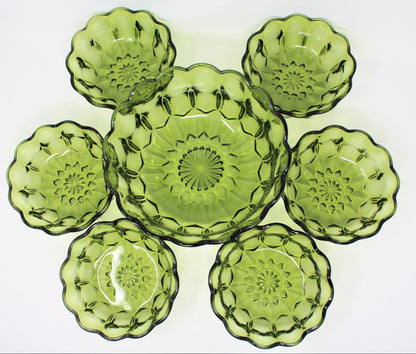 Salad Bowl Set: Anchor Hocking Fairfield, Avocado Green Glass, 7 Pcs, USA, Vintage 1972, SOLD