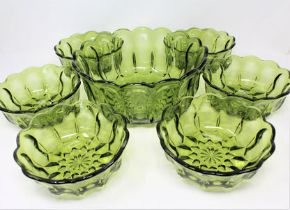 Salad Bowl Set: Anchor Hocking Fairfield, Avocado Green Glass, 7 Pcs, USA, Vintage 1972, SOLD