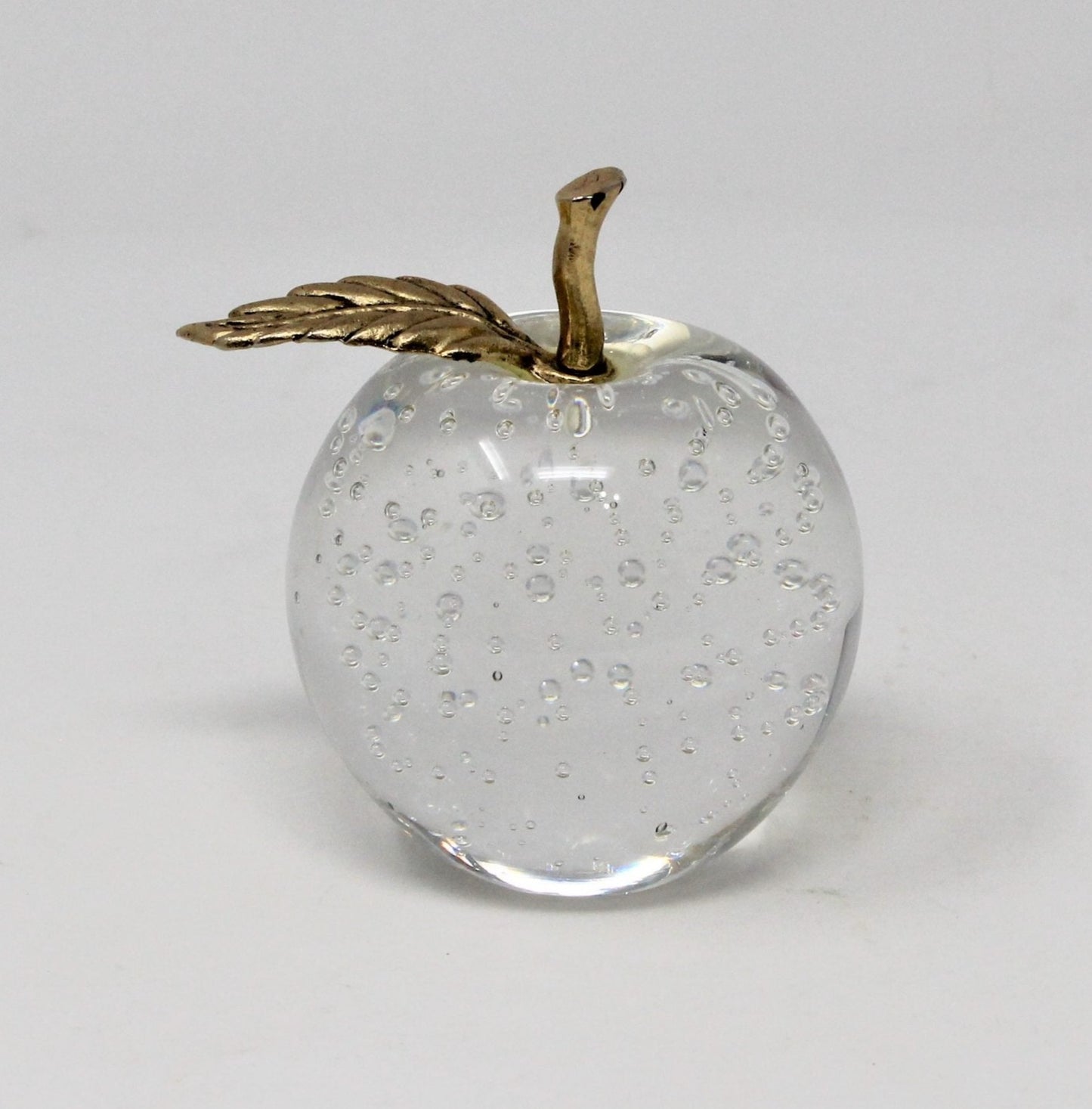 Paperweight, Silvestri Bubble Glass Apple, Brass Leaf, Taiwan, Vintage, SOLD