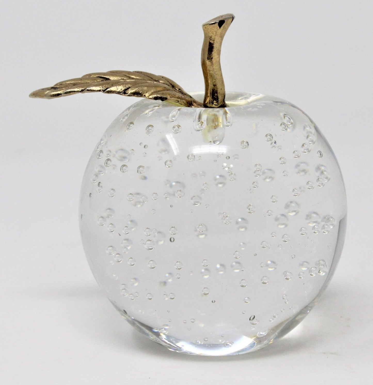 Paperweight, Silvestri Bubble Glass Apple, Brass Leaf, Taiwan, Vintage