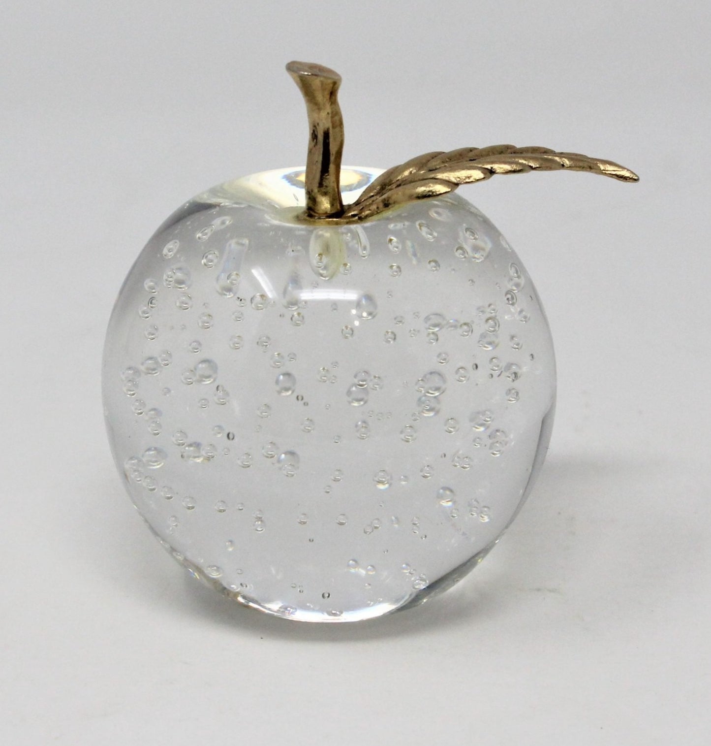 Paperweight, Silvestri Bubble Glass Apple, Brass Leaf, Taiwan, Vintage