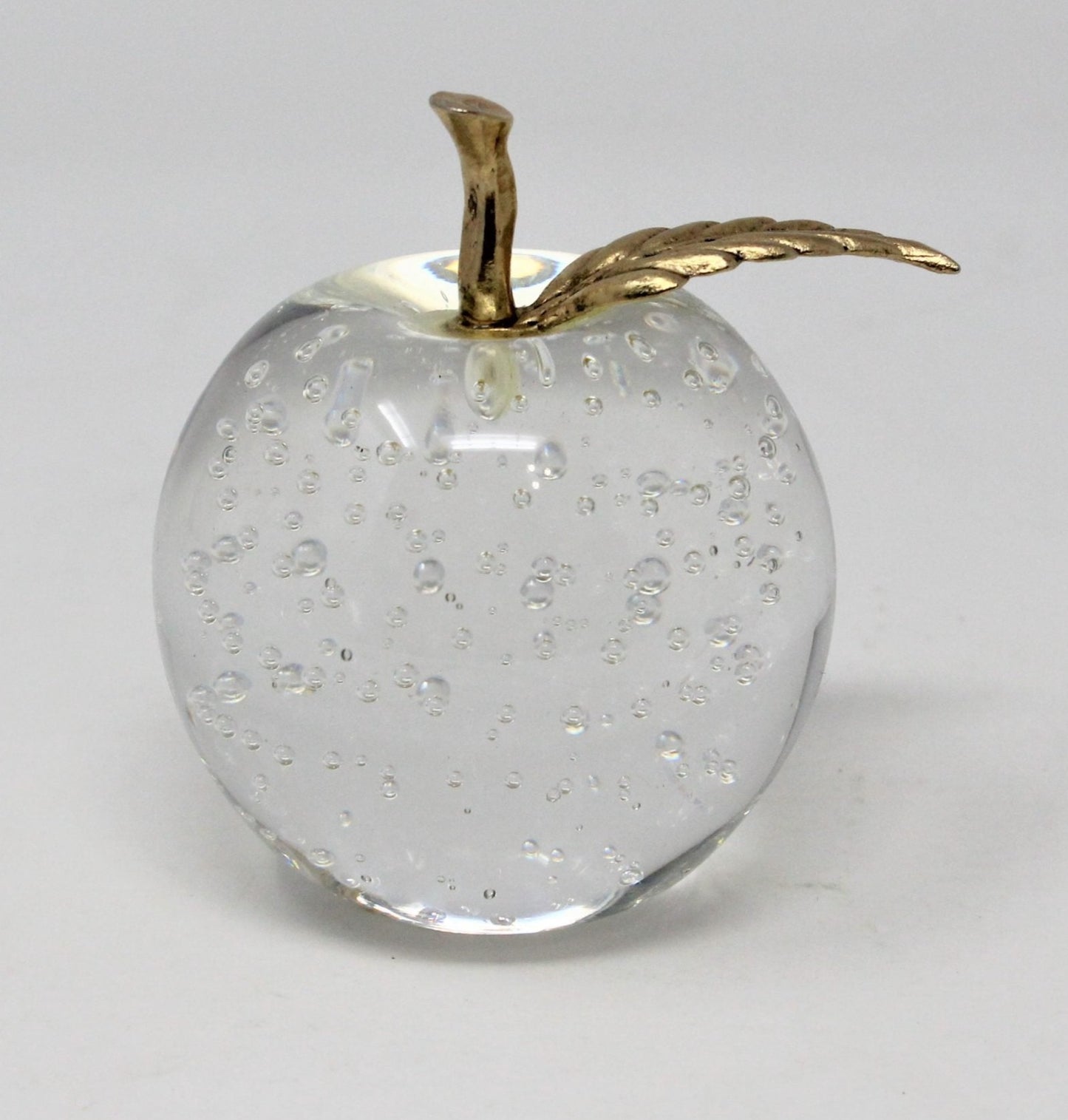 Paperweight, Silvestri Bubble Glass Apple, Brass Leaf, Taiwan, Vintage, SOLD