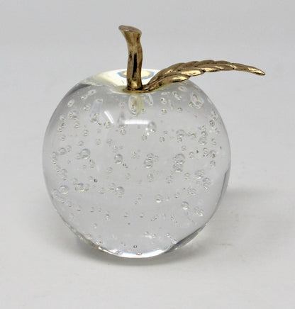 Paperweight, Silvestri Bubble Glass Apple, Brass Leaf, Taiwan, Vintage, SOLD