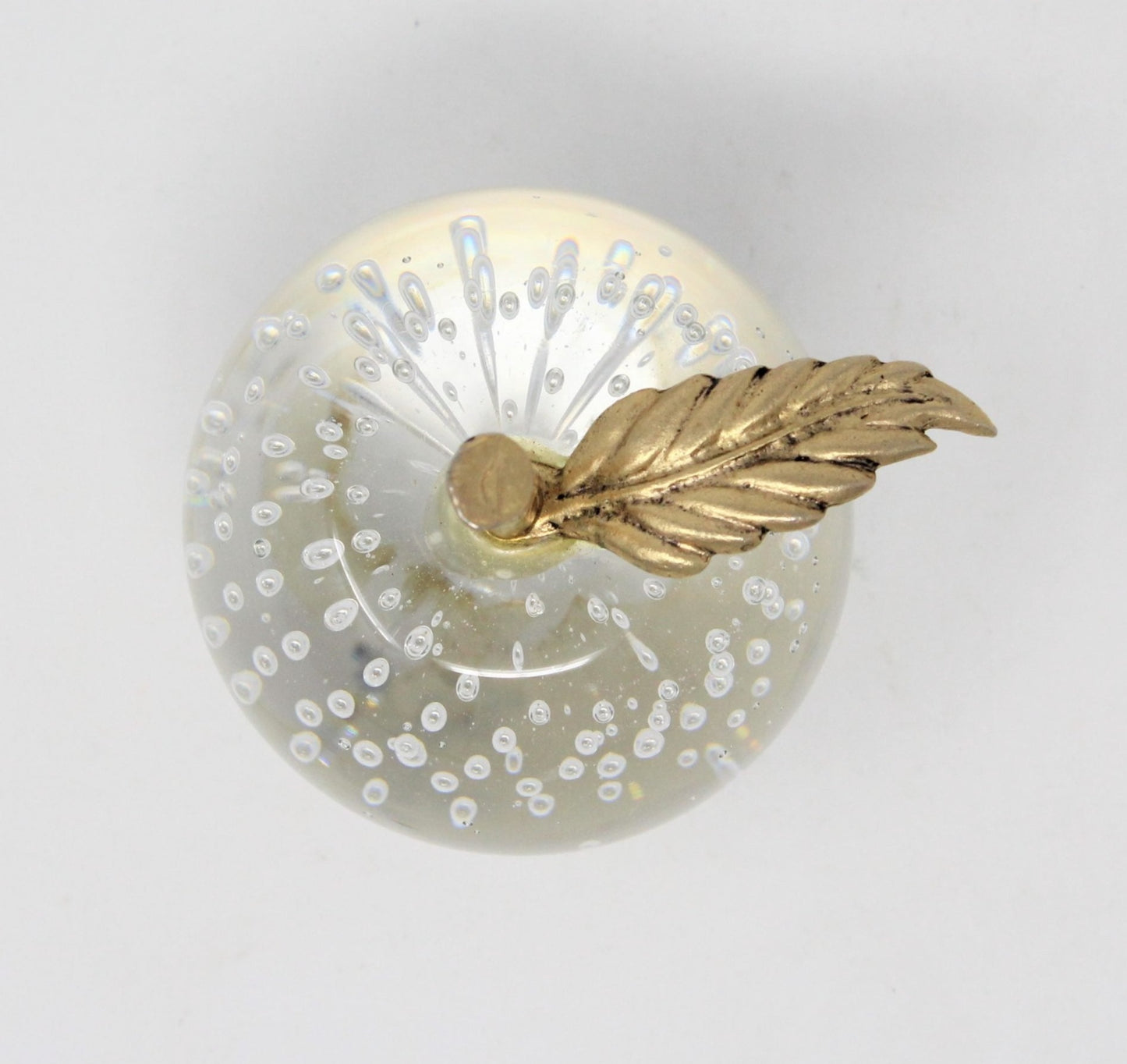 Paperweight, Silvestri Bubble Glass Apple, Brass Leaf, Taiwan, Vintage, SOLD