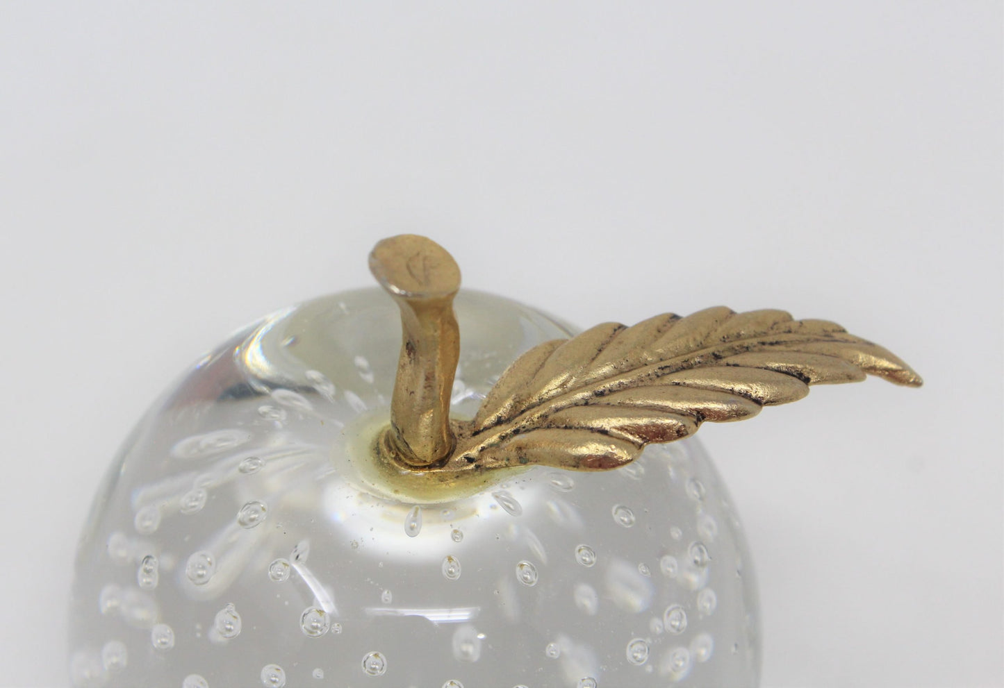 Paperweight, Silvestri Bubble Glass Apple, Brass Leaf, Taiwan, Vintage, SOLD