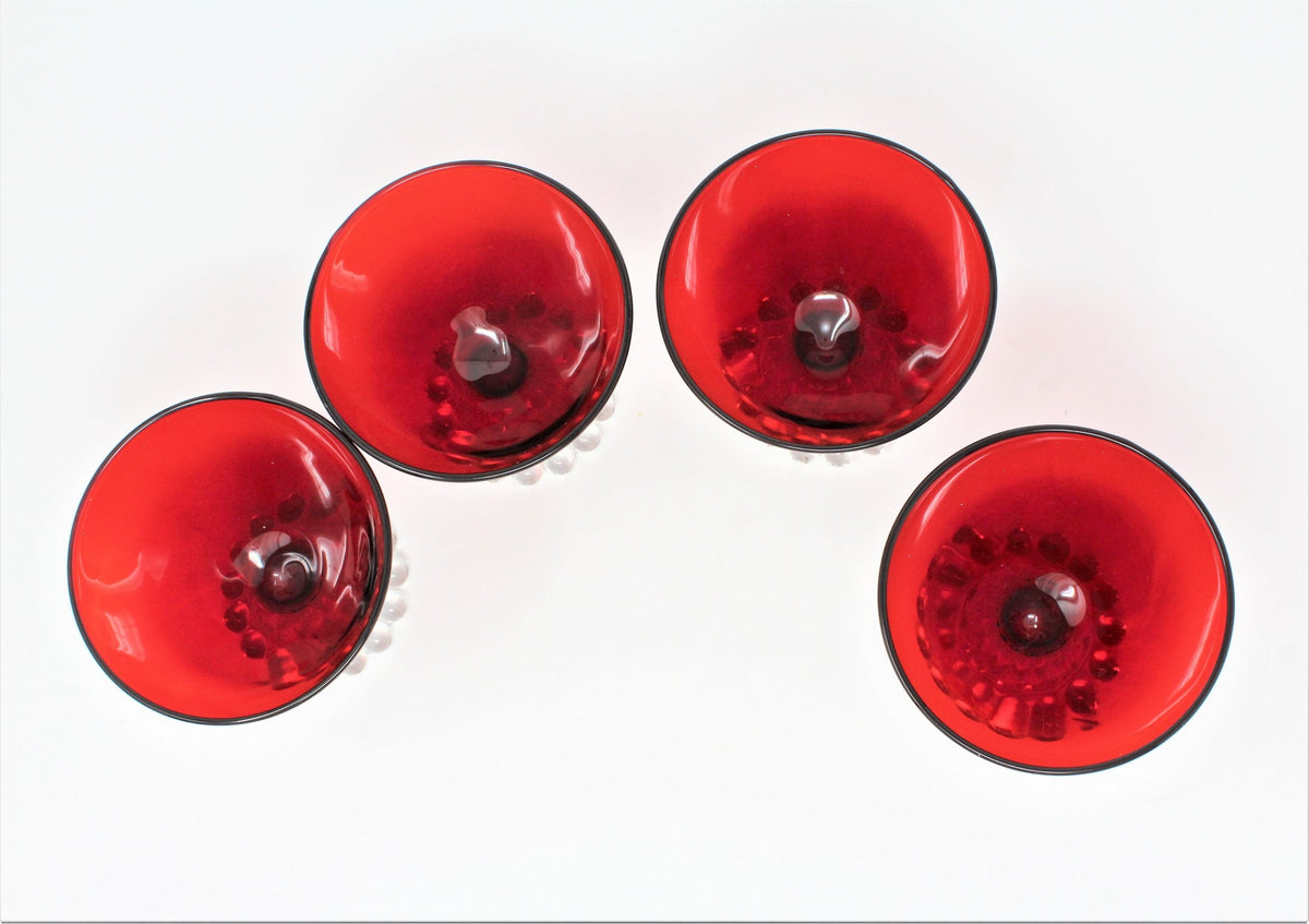 Champagne / Low Sherbet Glasses: Anchor Hocking Boopie (Berwick) Royal Ruby Red, Set of 4, USA, Vintage 1950s - SOLD