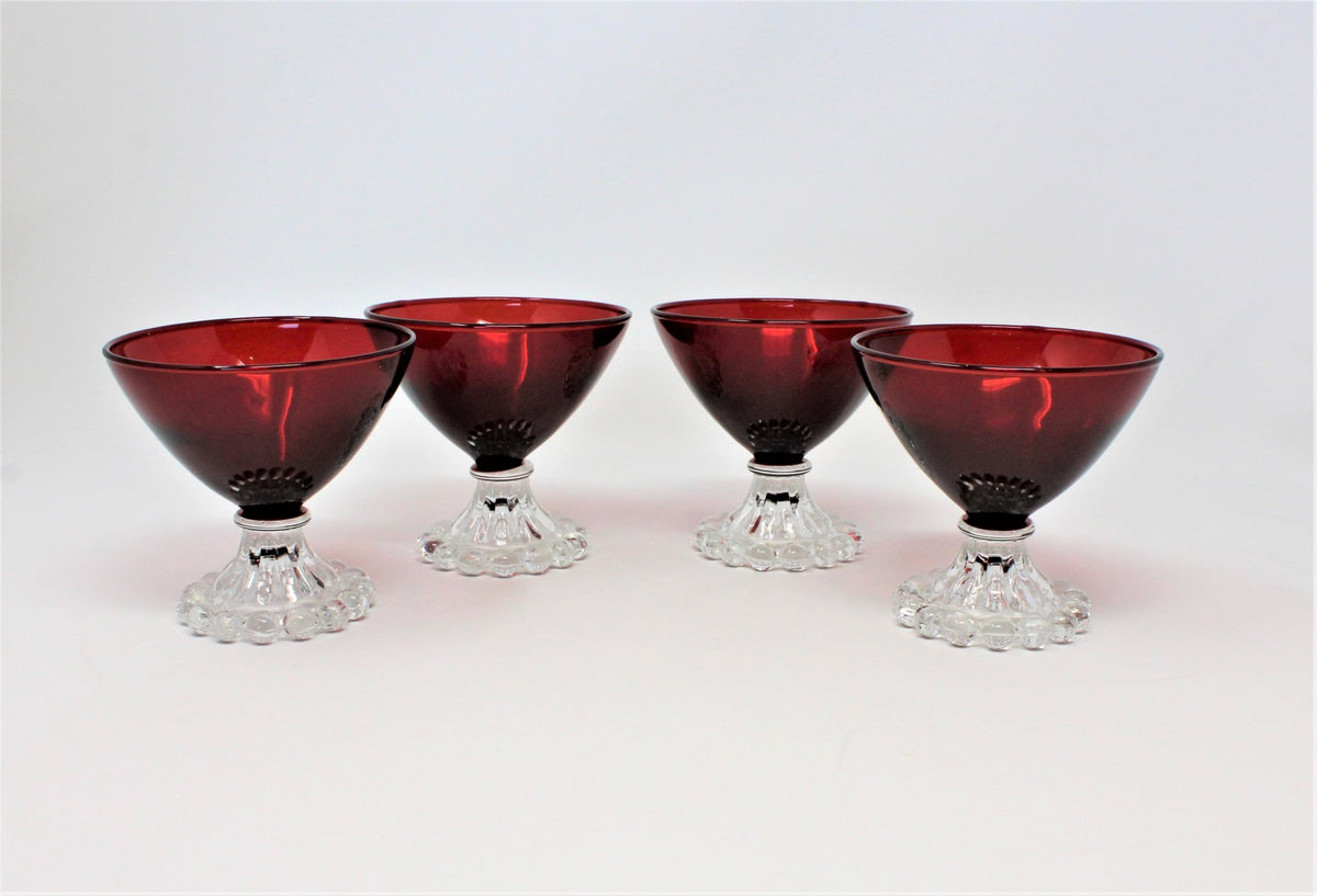 Champagne / Low Sherbet Glasses: Anchor Hocking Boopie (Berwick) Royal Ruby Red, Set of 4, USA, Vintage 1950s - SOLD