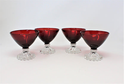 Champagne / Low Sherbet Glasses: Anchor Hocking Boopie (Berwick) Royal Ruby Red, Set of 4, USA, Vintage 1950s - SOLD