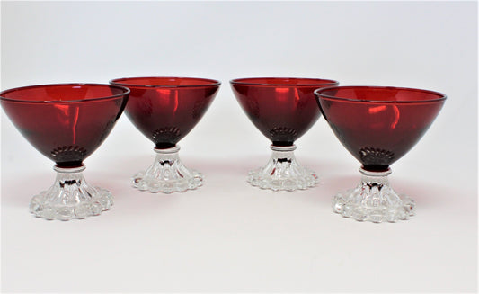 Champagne / Low Sherbet Glasses: Anchor Hocking Boopie (Berwick) Royal Ruby Red, Set of 4, USA, Vintage 1950s - SOLD