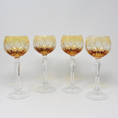 Wine Glasses, Amber Cut to Clear Crystal, Set of 4 Vintage, Hungary, SOLD