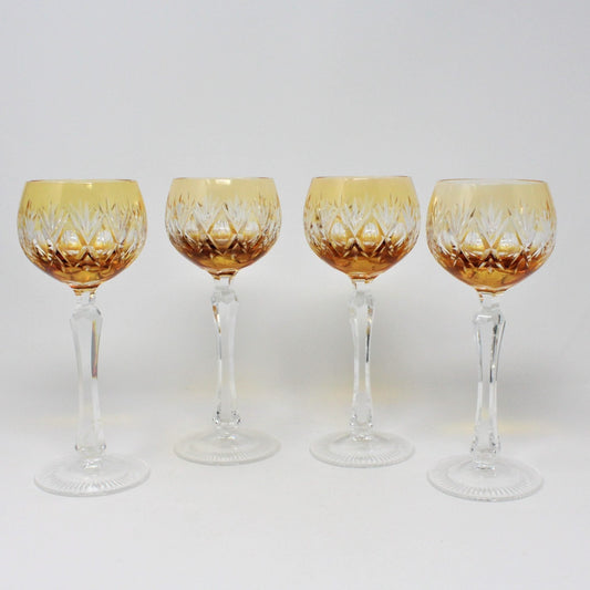 Wine Glasses: Amber Cut to Clear Crystal, Hock Wine, Set of 4, Hungary, Vintage 1980s - SOLD