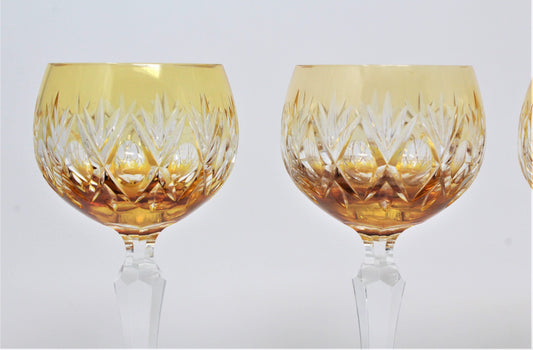Wine Glasses: Amber Cut to Clear Crystal, Hock Wine, Set of 4, Hungary, Vintage 1980s - SOLD