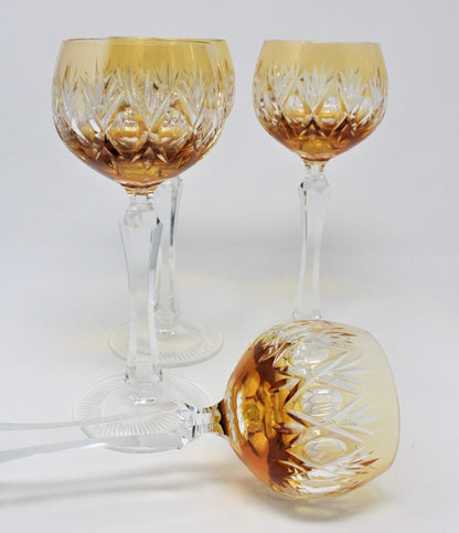 Wine Glasses, Amber Cut to Clear Crystal, Set of 4 Vintage, Hungary, SOLD