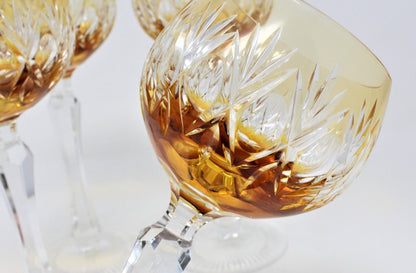 Wine Glasses, Amber Cut to Clear Crystal, Set of 4 Vintage, Hungary, SOLD