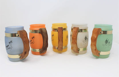 Barrell Mugs, Siesta Ware, Hawaiian  / Polynesian Tiki, Set of 5, Vintage