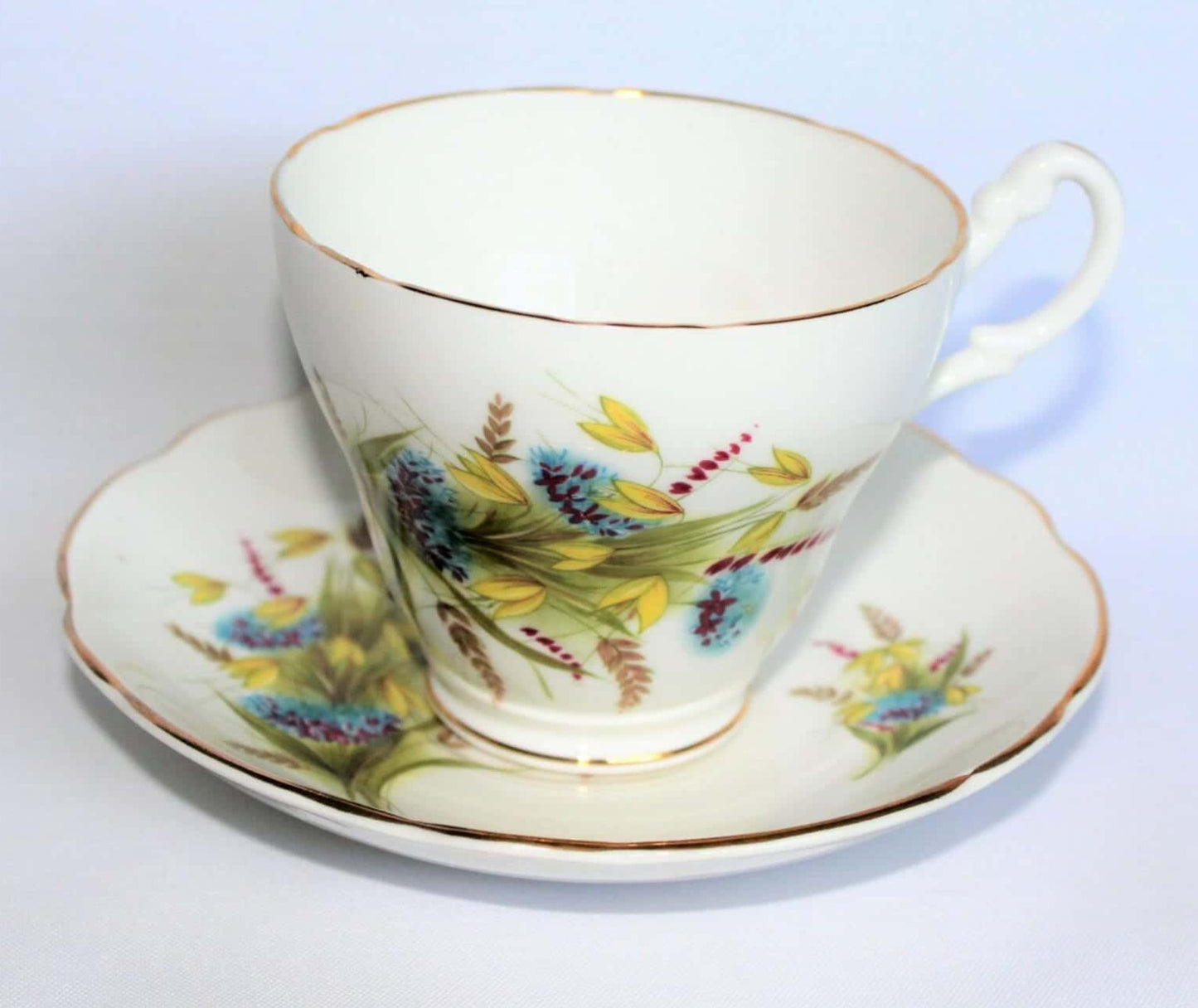 Teacup and Saucer, Royal Ascot, Blue & Yellow Floral, Bone China, Vintage