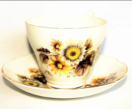 Teacup and Saucer, Royal Ascot, Sunflowers, Bone China, England, Vintage