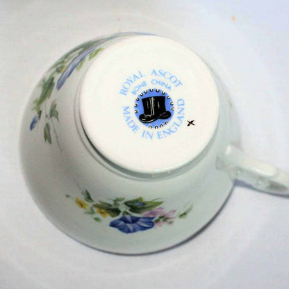 Teacup and Saucer, Royal Ascot, Blue Morning Glory, Bone China, Vintage