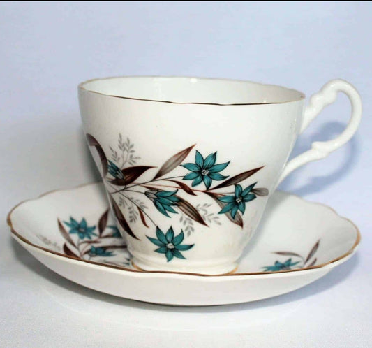 Teacup and Saucer, Royal Ascot, Blue & Turquoise Flowers, Bone China, Vintage