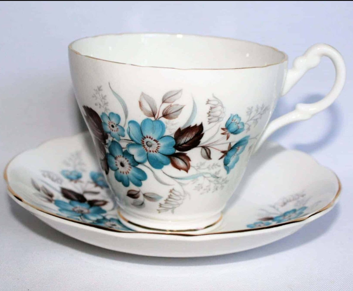 Teacup and Saucer, Royal Ascot, Aqua Flowers, Bone China, Vintage