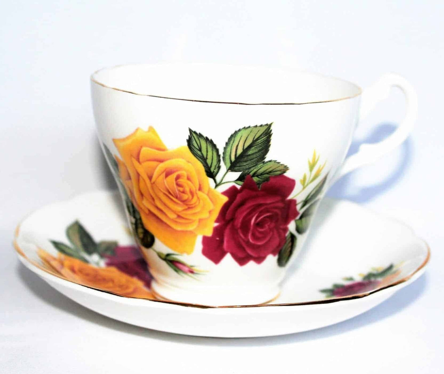 Teacup and Saucer, Royal Ascot, Red & Yellow Roses, Bone China, Vintage