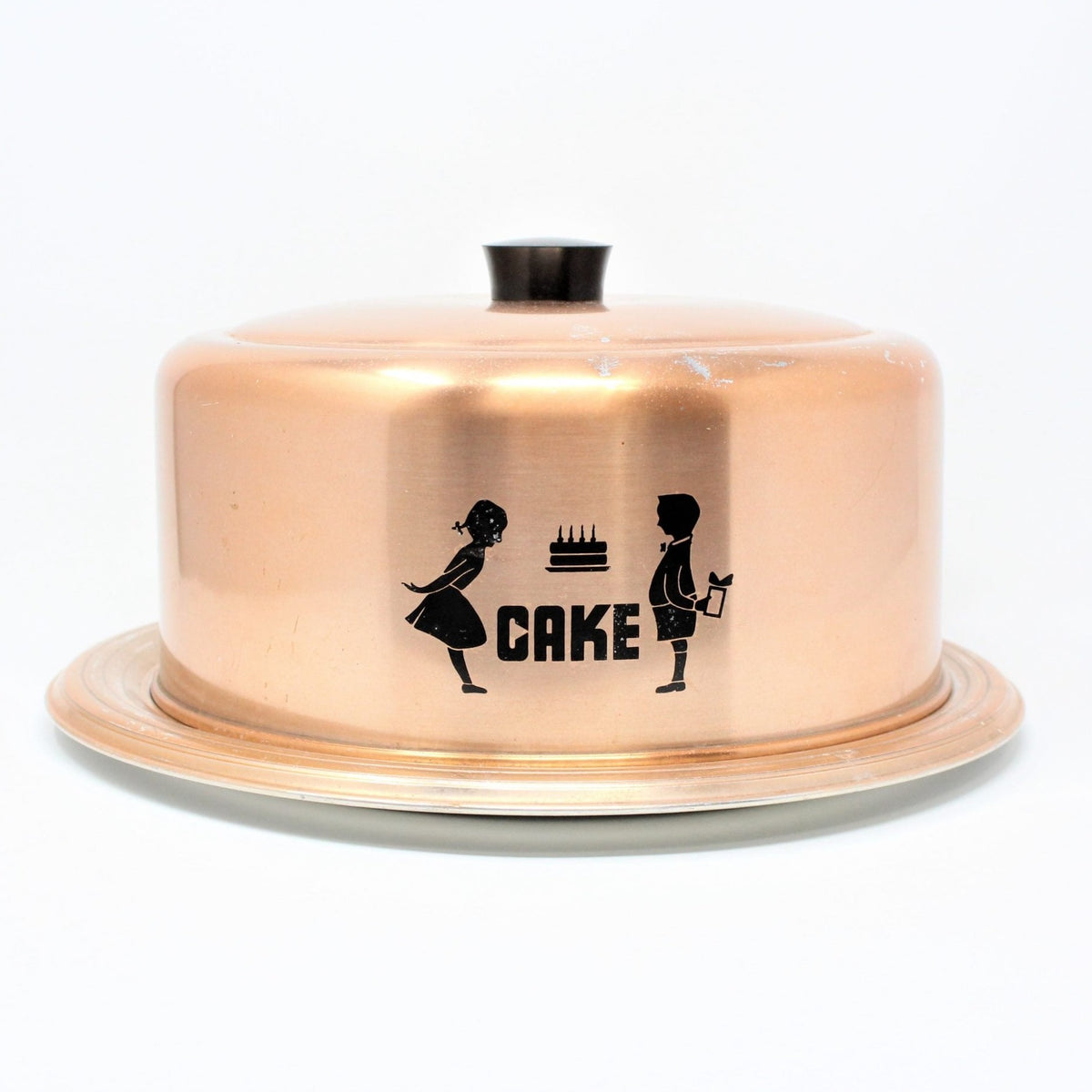 Cake Carrier: Hawthorn, Copper-Tone Aluminum, Boy & Girl Birthday Cake Decal, West Bend WI, USA, Vintage 1950s - SOLD