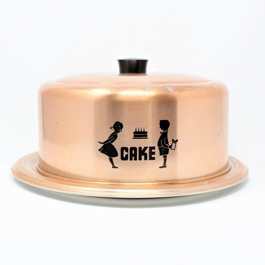 Cake Carrier: Hawthorn, Copper-Tone Aluminum, Boy & Girl Birthday Cake Decal, West Bend WI, USA, Vintage 1950s - SOLD