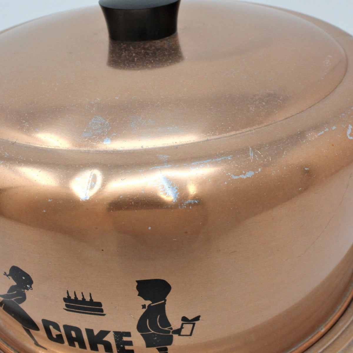 Cake Carrier: Hawthorn, Copper-Tone Aluminum, Boy & Girl Birthday Cake Decal, West Bend WI, USA, Vintage 1950s - SOLD