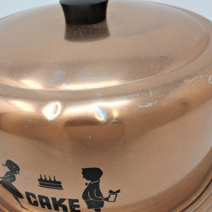 Cake Carrier: Hawthorn, Copper-Tone Aluminum, Boy & Girl Birthday Cake Decal, West Bend WI, USA, Vintage 1950s - SOLD