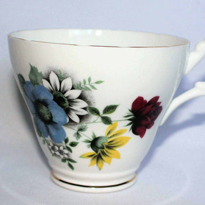 Teacup and Saucer, Royal Ascot, Blue, Red & Yellow Floral, Bone China, Vintage