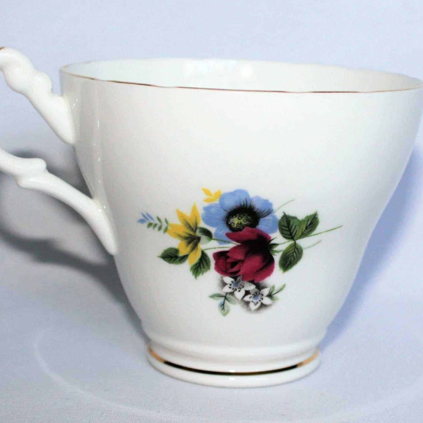 Teacup and Saucer, Royal Ascot, Blue, Red & Yellow Floral, Bone China, Vintage