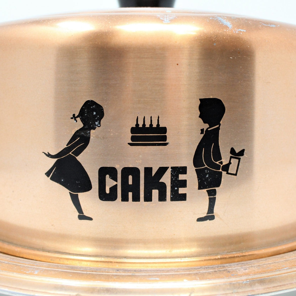 Cake Carrier: Hawthorn, Copper-Tone Aluminum, Boy & Girl Birthday Cake Decal, West Bend WI, USA, Vintage 1950s - SOLD