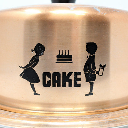Cake Carrier: Hawthorn, Copper-Tone Aluminum, Boy & Girl Birthday Cake Decal, West Bend WI, USA, Vintage 1950s - SOLD