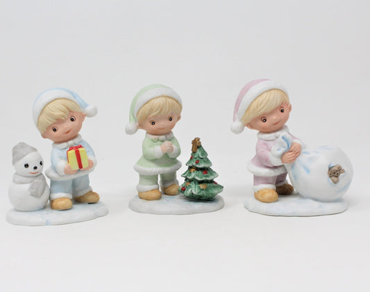 Figurine, HomCo, Christmas Snow Kids #5613, Set of 3 Porcelain, Vintage