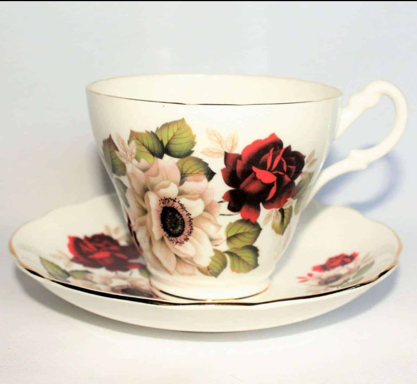 Teacup and Saucer, Royal Ascot, White & Red Floral, Bone China, Vintage