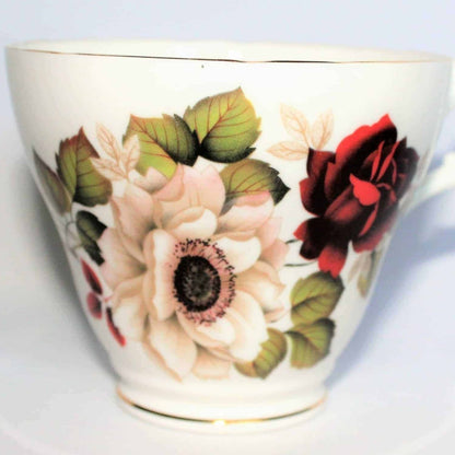 Teacup and Saucer, Royal Ascot, White & Red Floral, Bone China, Vintage