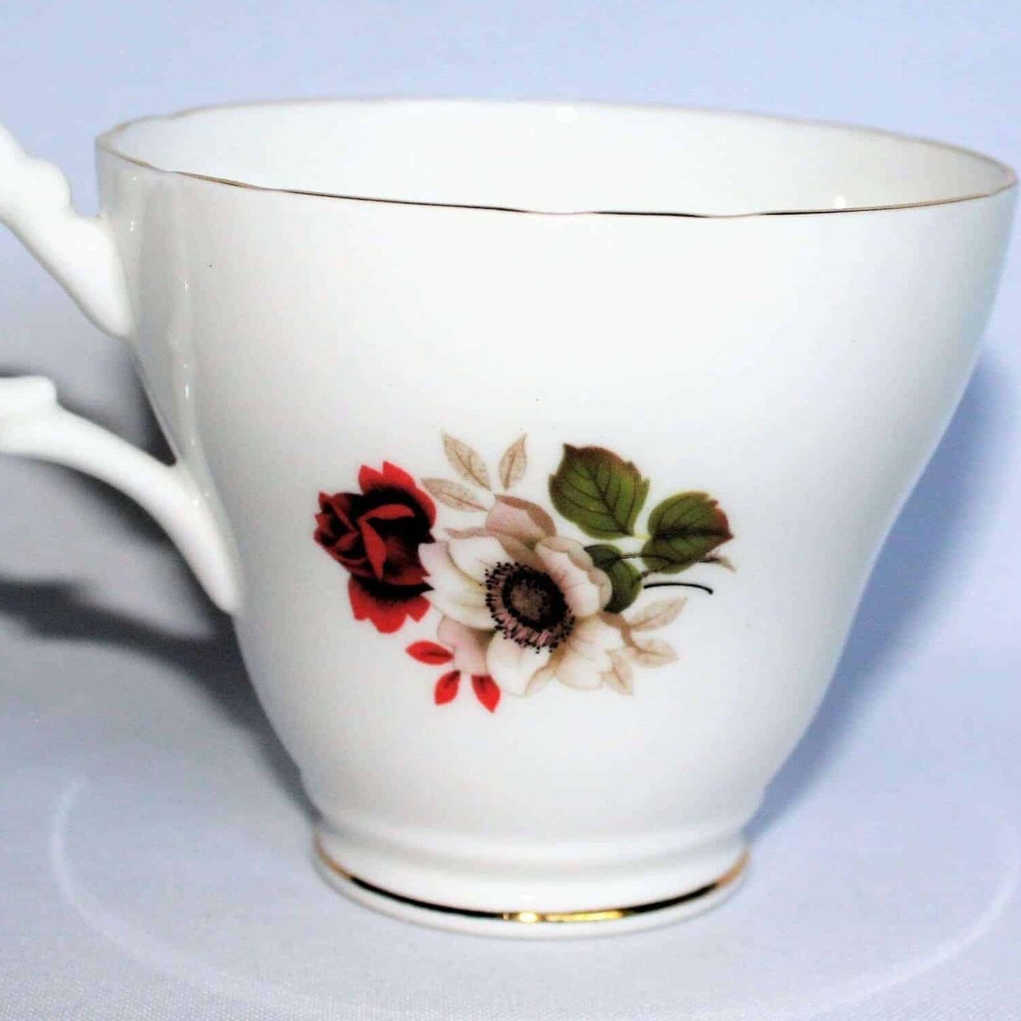 Teacup and Saucer, Royal Ascot, White & Red Floral, Bone China, Vintage