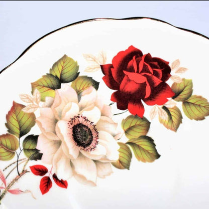 Teacup and Saucer, Royal Ascot, White & Red Floral, Bone China, Vintage