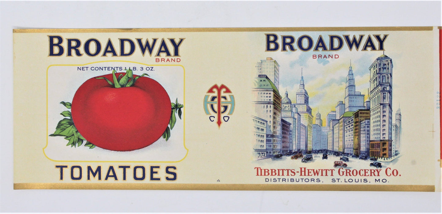 Can Label, Broadway Brand Tomatoes, Original Lithograph, NOS, Antique 1920's