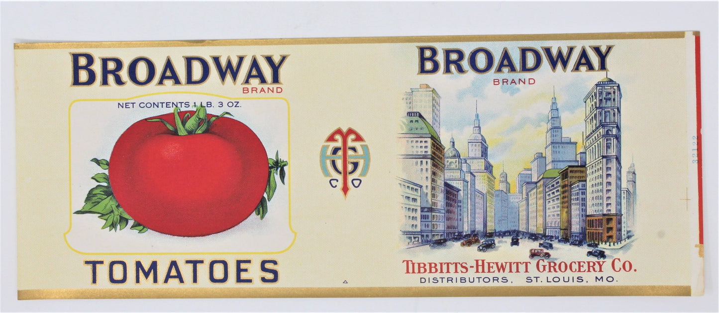 Can Label, Broadway Brand Tomatoes, Original Lithograph, NOS, Antique 1920's