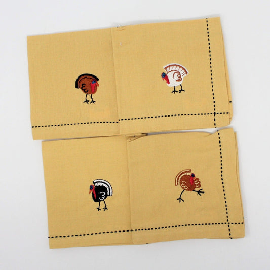 Cloth Cocktail Napkins, Embroidered Turkeys, Mustard Yellow, Set of 4, SOLD