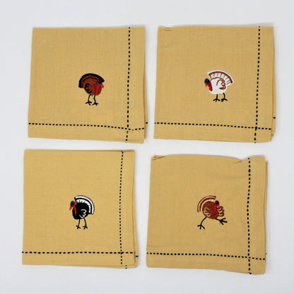 Cloth Cocktail Napkins, Embroidered Turkeys, Mustard Yellow, Set of 4, SOLD